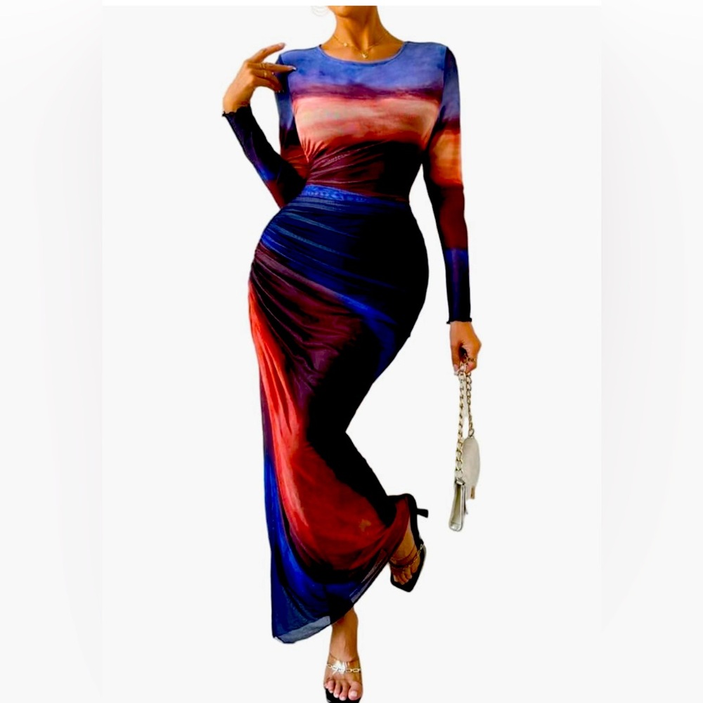 Women’s Bodycon Mesh (layered) printed tie die long sleeve dress
